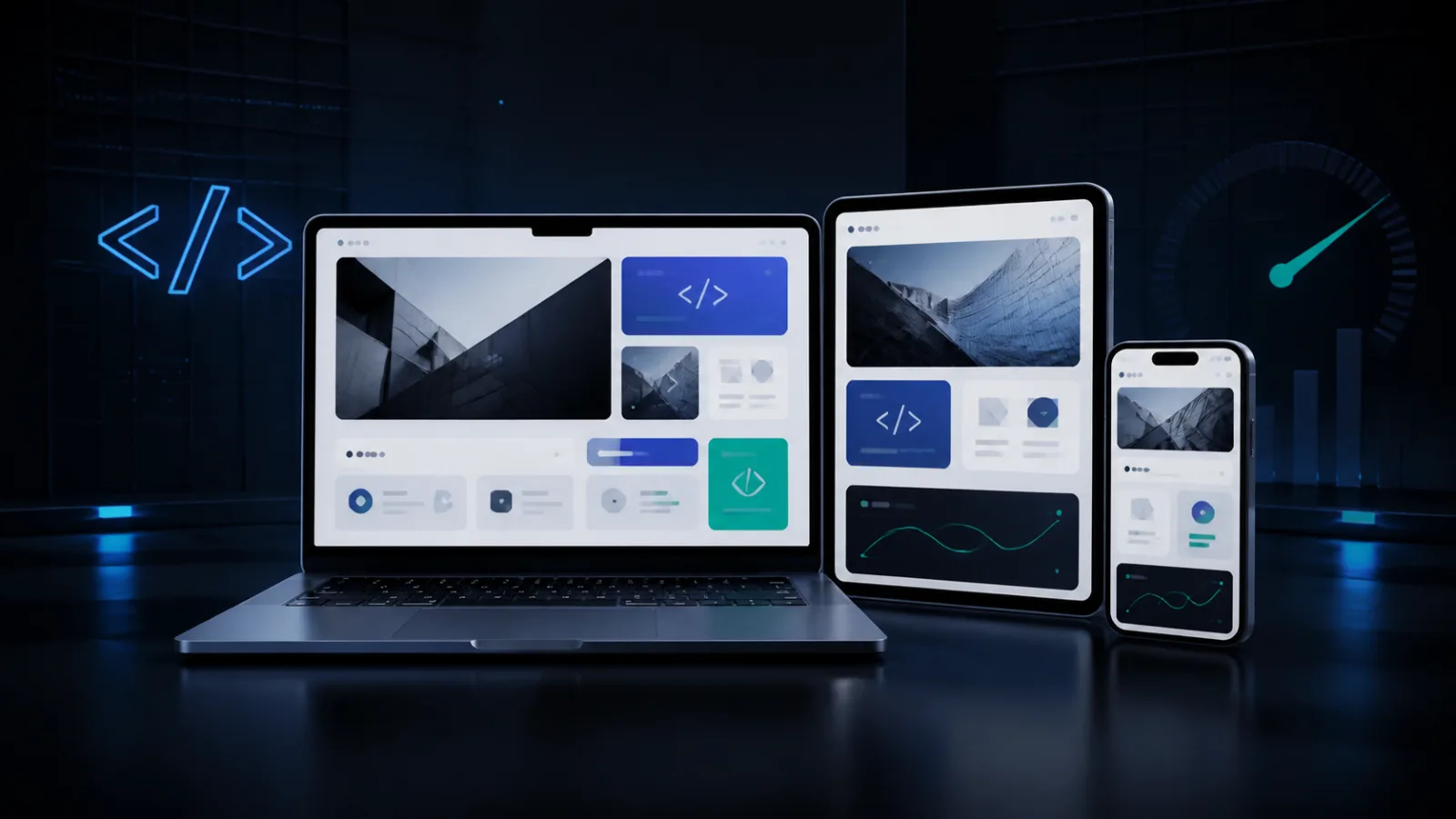 Responsive website interface displayed across laptop, tablet, and mobile devices
